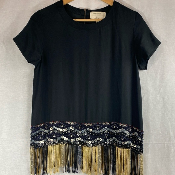 Artelier Nicole Miller Silk  Beaded Sequined Top Black Gold Fringe Sheer Small - Picture 1 of 9